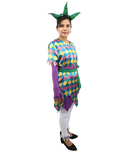 HPO Women's Sequin Jester Dress Costume – Multicolor Jester Style Outfit with Diamond Pattern | Party, Cosplay & Festival Wear