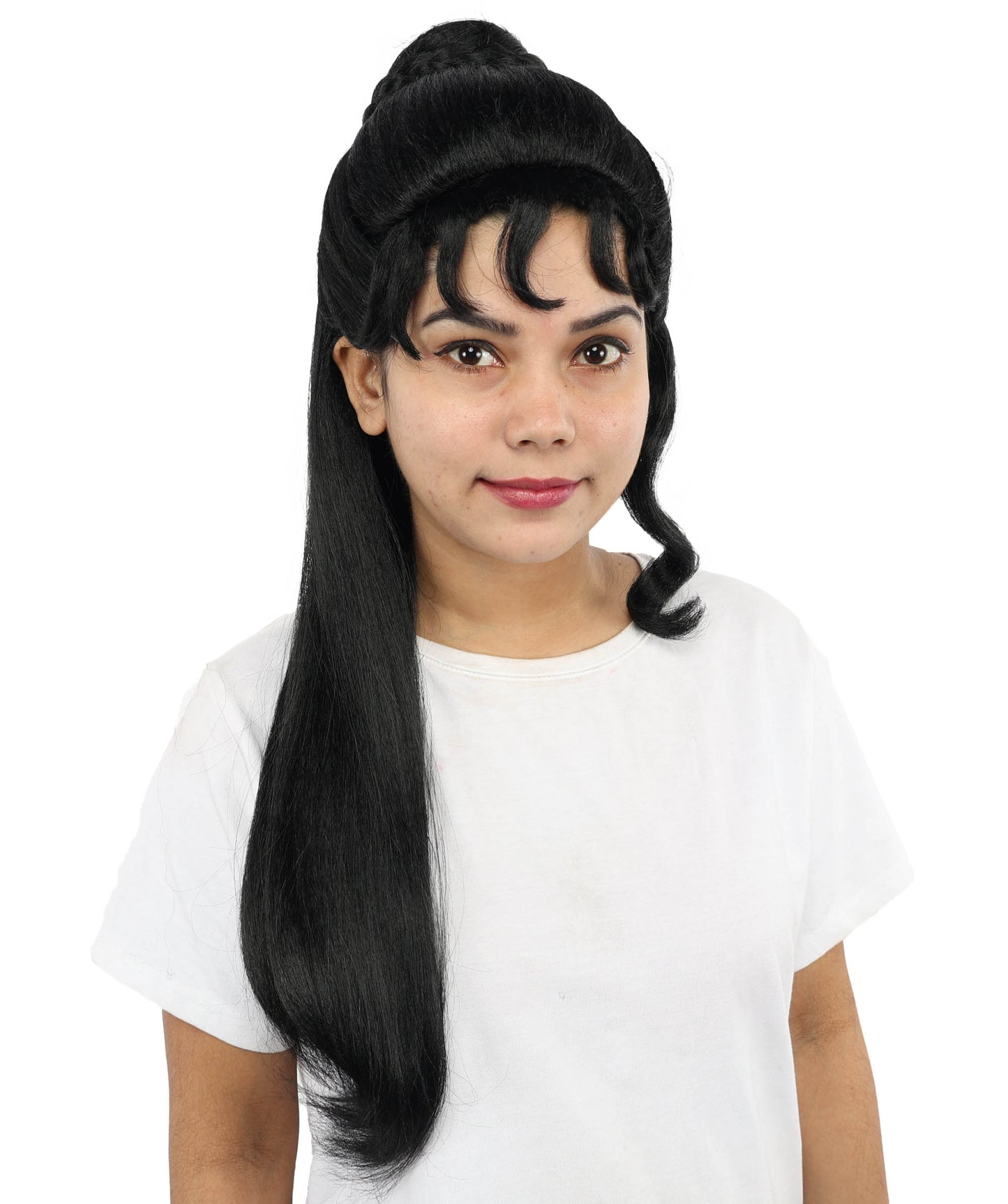 HPO Women’s 24” Long Black Wig | Elegant Half-Up Curly Bangs Wig for Historical, Mythical, or Theatrical Roles | Capless Cap Design