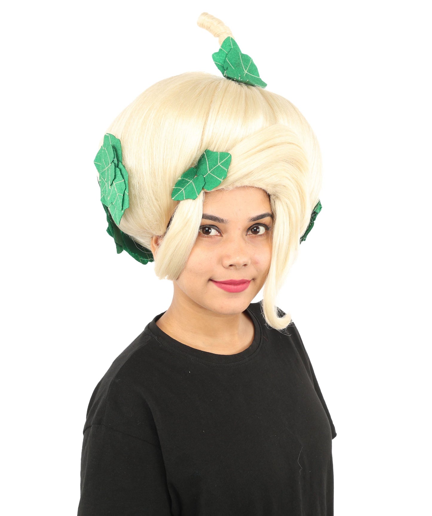 HPO Adult Women's Sculpted Pumpkin Show Wig | Multiple Color Options | Create of synthetic fiber, massive spherical updo with green leaf accents, breathable base | Halloween, theater, drag, performance, party, costume events