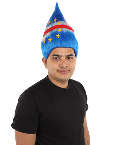 HPO Unisex Cabo Verde Sports Troll Wig – Spiky Fan Wig in National Colors for Patriotic Events and Football Matches | Synthetic Fiber Headpiece with Capless Cap