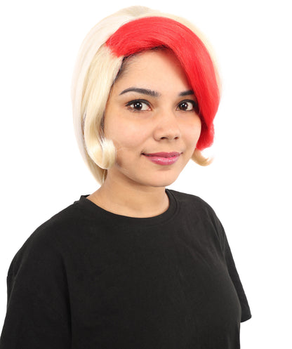 HPO Women's Vibrant Red & Blonde Character Wig | Extra Long Synthetic Hair with Layered Bangs | Adjustable Breathable Cap for Cosplay, Halloween & Stage