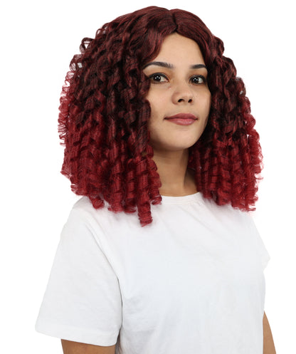HPO Women's Burgundy Curly Wig | Medium Synthetic Hair with Intricate | Adjustable Breathable Cap for Cosplay, Halloween, Parties & Stage
