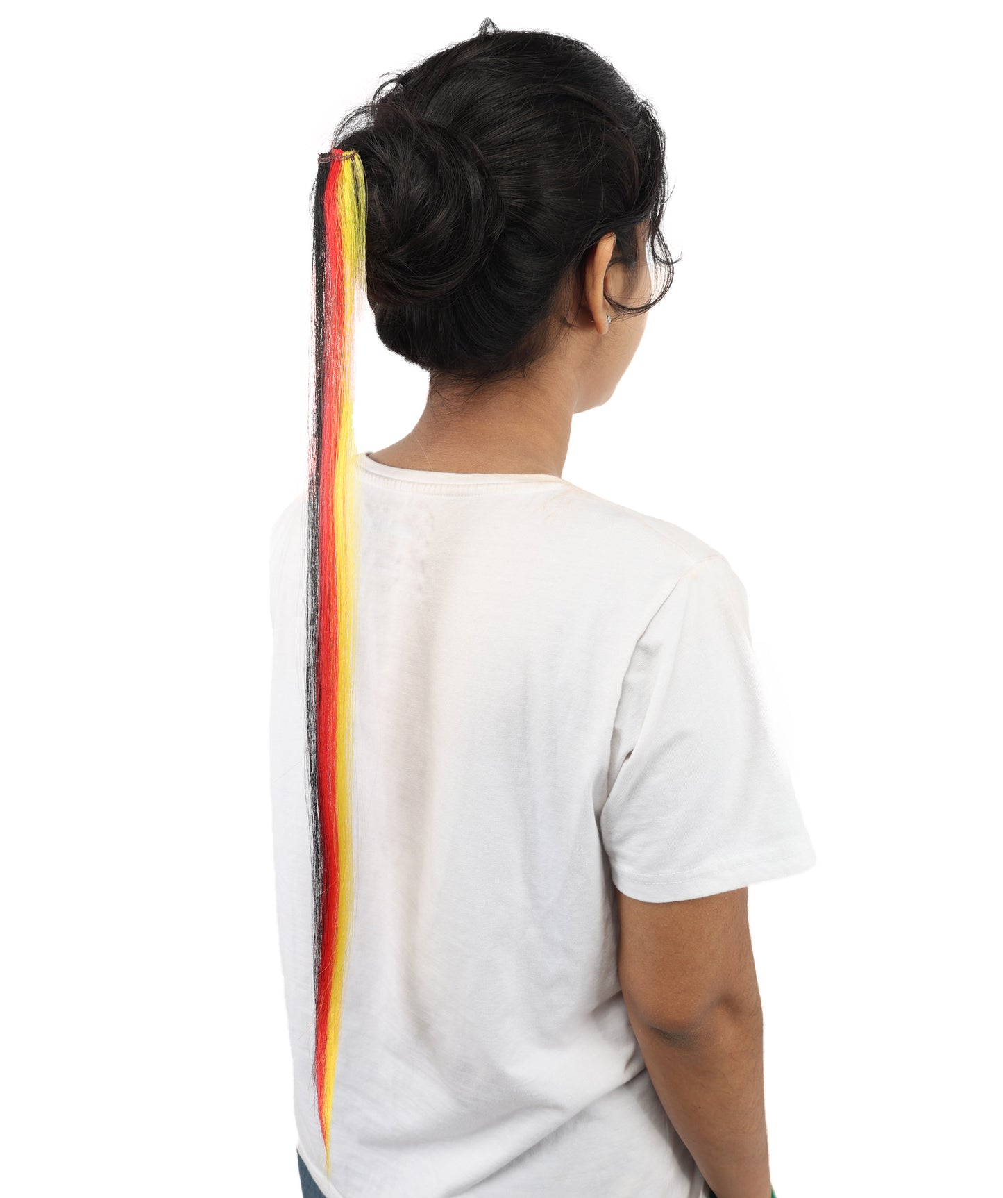 HPO Women's German Clip-in Hair Extension | Sleek straight red, black and yellow synthetic fibers featuring a secure snap attachment | Ideal for party, Halloween, cosplay, theater, drag, performance, costume events