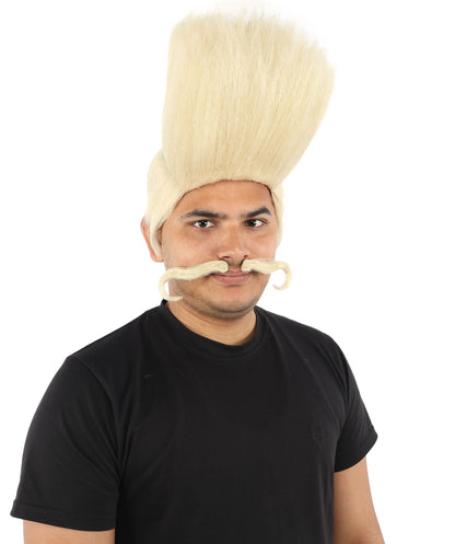 HPO Adult Men's Tall Flat Top Wig and Mustache | Vertical Dark Pompadour with Long Handlebar Facial Hair, Synthetic Fiber & Breathable Net | Halloween, Carnival, Stage Performance & Roleplay