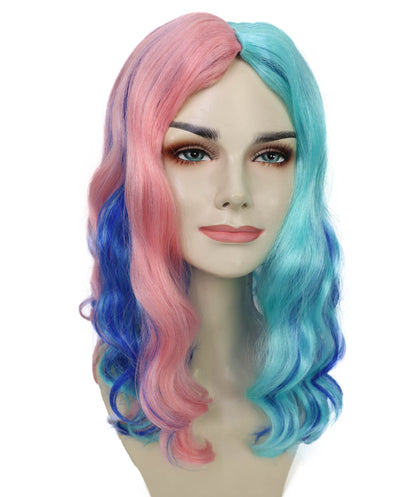 HPO Adult Vibrant Ombre Pink and Blue Water Ripple Curly Wig| Ideal for Halloween | Breathable Capless Cap