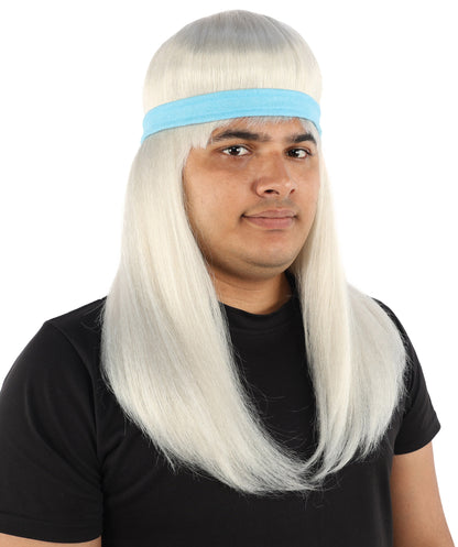 HPO Men's Long Auburn Wig with Headband | Straight Reddish Texture with Blunt Bangs & Included Teal Band, Heat Resistant Fiber | Halloween, Troll Roleplay, Fantasy Party, Carnival & Theater