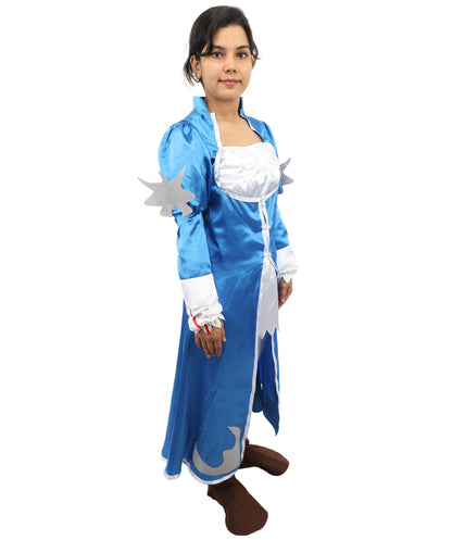 HPO Women's Anime Sorceress Roleplay Suit | Flowing white and blue satin jersey construction featuring a long dress, hand gloves, and leg socks | Ideal for party, Halloween, cosplay, theater, drag, performance, costume events