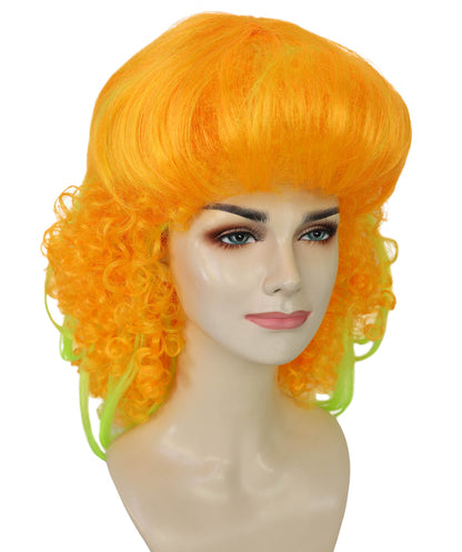 HPO Orange and Green Long Curly Wig for Women – Vibrant Gradient Party Wig with Bangs | Cosplay Fancy Dress Hairpiece for Halloween, Carnivals, Costume Events and Fun Nights