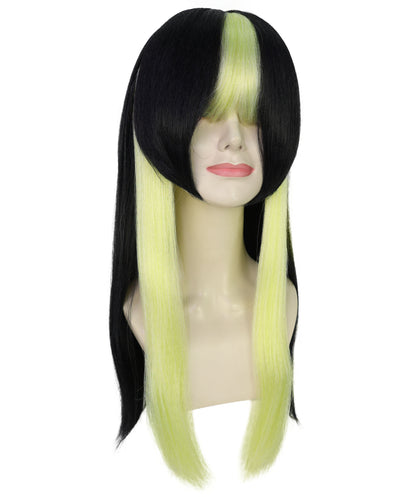 Women’s Straight Long Black & Green Anime Wig |  Hair with Twin Tails  | Ideal for Halloween | Breathable Capless Cap