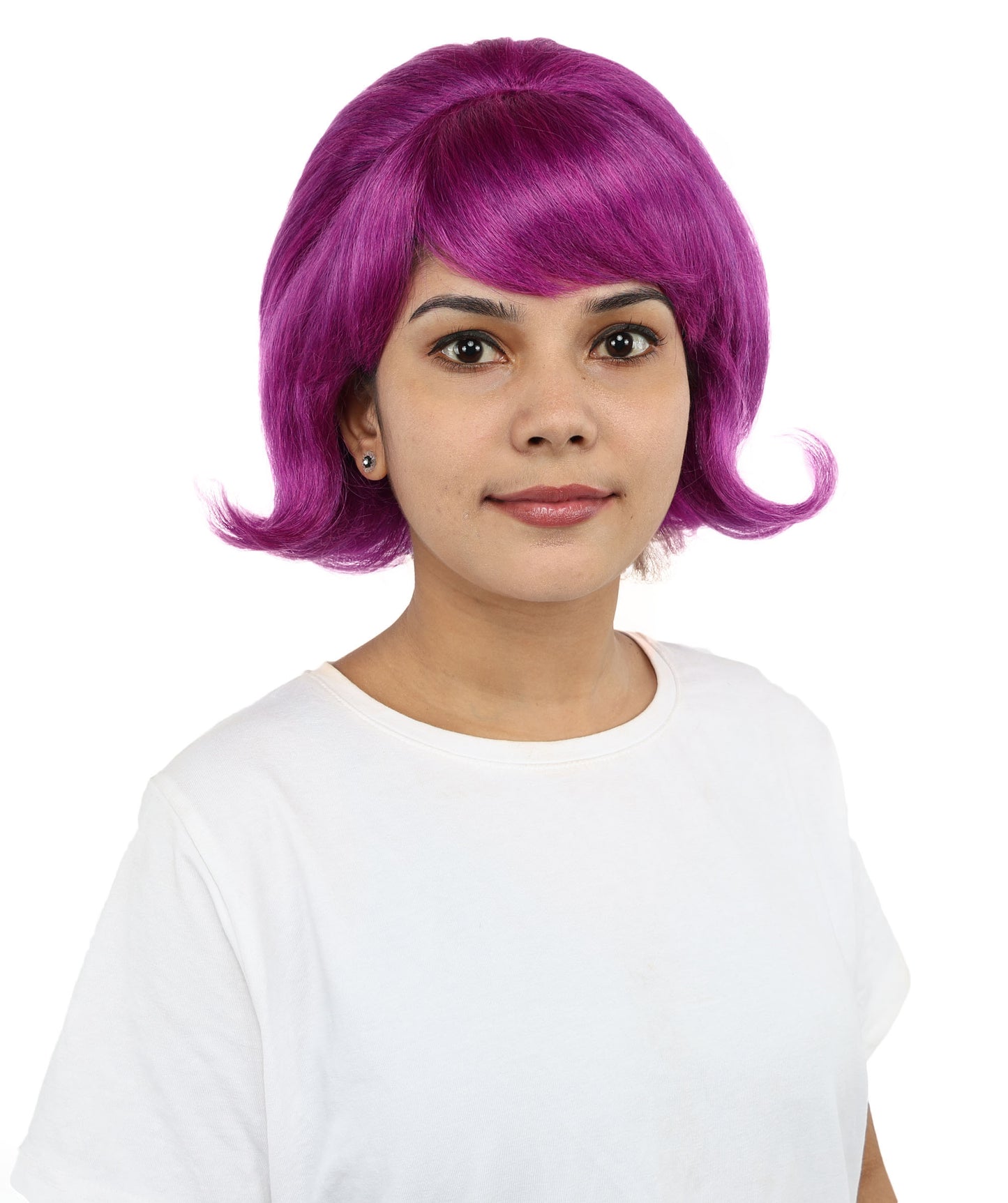 HPO Women’s 60s Flip Purple Wig with Bangs | Short Retro Hairstyle with Outward Curls | Vintage Costume Hairpiece for Halloween, Cosplay, Parties & Stage