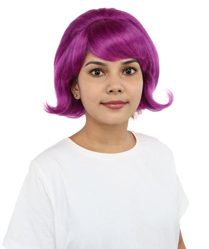 HPO Women’s 60s Flip Purple Wig with Bangs | Short Retro Hairstyle with Outward Curls | Vintage Costume Hairpiece for Halloween, Cosplay, Parties & Stage