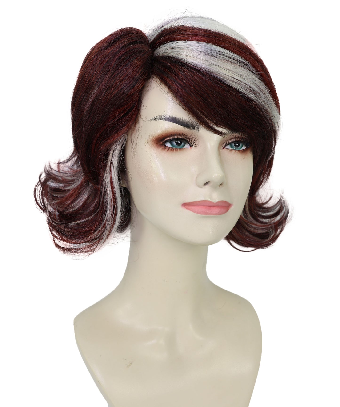HPO Adult Women’s 90’s Inspired Burgundy & Mocha Short Layered Wig with Chic Highlights | Retro Glam Hairpiece | Ideal for Halloween | Breathable Capless Cap