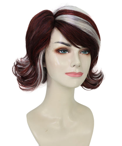 HPO Adult Women’s 90’s Inspired Burgundy & Mocha Short Layered Wig with Chic Highlights | Retro Glam Hairpiece | Ideal for Halloween | Breathable Capless Cap