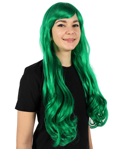 HPO Women's Red Long Wavy Desire Wig with Front Bangs | Halloween and Party Wig | Flame-retardant Synthetic Fiber  |  Premium Breathable Capless Cap
