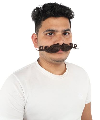 HPO Men’s Brown Curled Handlebar Mustache – Vintage Style Fake Facial Hair for Retro Characters | Ideal for Halloween, Cosplay and Themed Parties