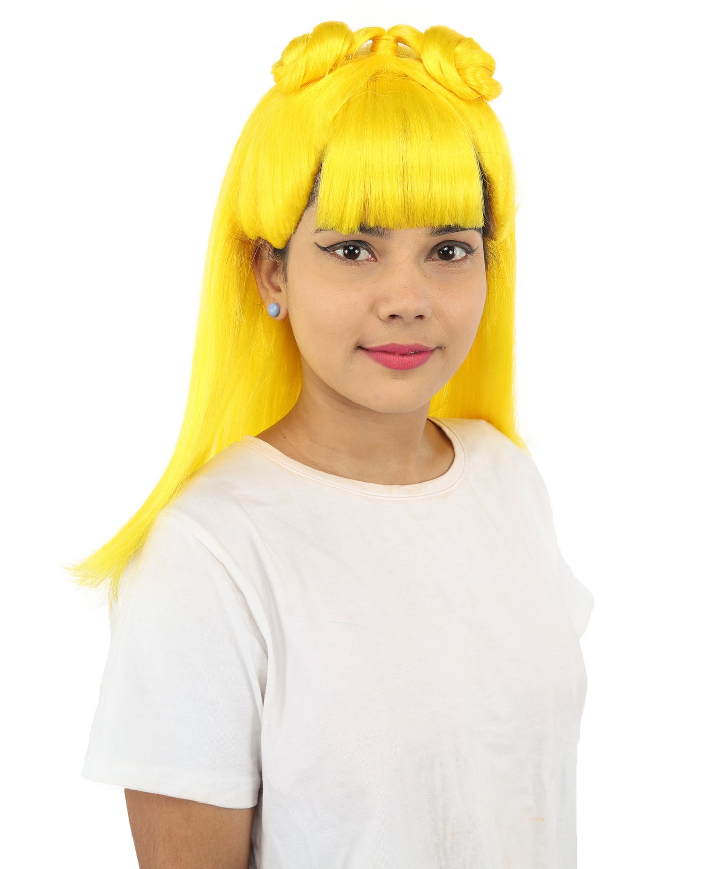 HPO Women's Brown & Pink Half Updo Bangs Wig | Create of synthetic fiber, blunt fringe with top bow, breathable base | Party, Halloween, theater, drag, performance, costume events