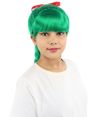 HPO Women's Spiral Ponytail Wig | Multicolor Options | High Updo with Red Ribbon Bow & Bangs, Heat Friendly Synthetic Fiber & Breathable Cap | Halloween, Christmas Event, Themed Party, Theater & Roleplay