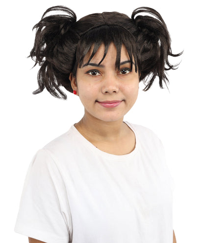 HPO Women’s Messy Twin Bun Wig with Graphic Bangs | Edgy Chocolate Brown Wig for Cosplay, Fashion Events, Halloween & Stage Wear | Adjustable Cap, Lightweight Synthetic Fiber
