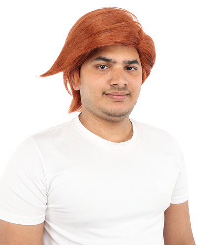 HPO Men’s Flame Radish Brown Short Wig with Side Fringe – 11” Auburn Synthetic Hair | Lightweight Capless Wig for Halloween, Cosplay, Stage & Dress-Up Events