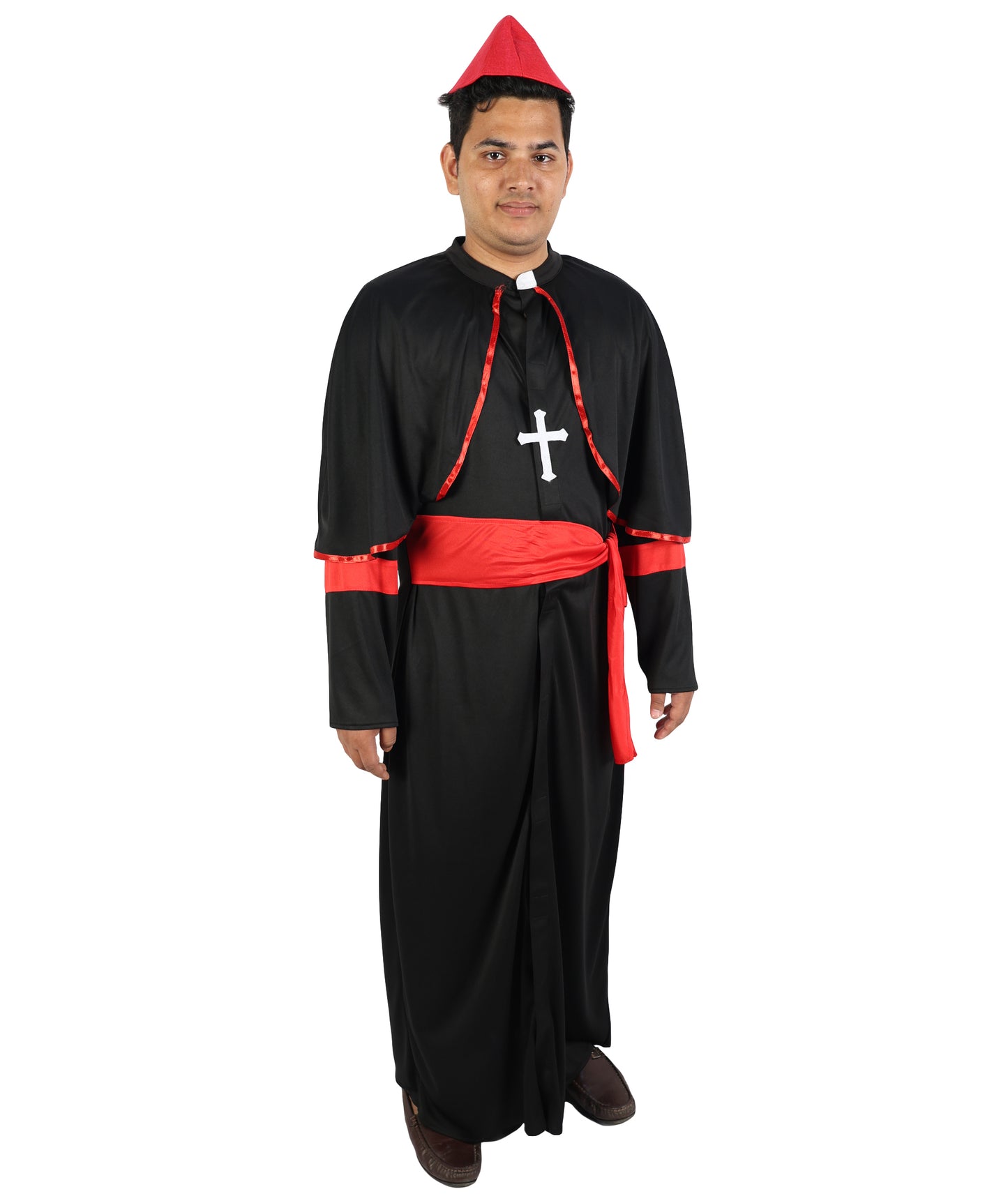 HPO  Men's Clergy Bishop Costume | Traditional Black Cassock Red Robe Sholder Cape Magenta Satin Waist Sash Matching Zucchetto Cap | Halloween Cosplay Theater Drag Performance Costume Events