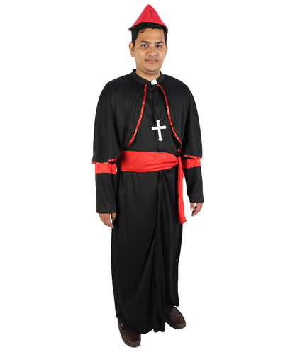 HPO  Men's Clergy Bishop Costume | Traditional Black Cassock Red Robe Sholder Cape Magenta Satin Waist Sash Matching Zucchetto Cap | Halloween Cosplay Theater Drag Performance Costume Events