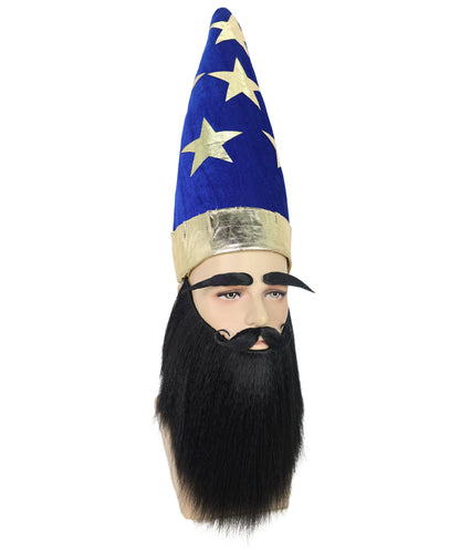 Adult Men’s Self-Adhesive Medieval King Long Black Beard & Mustache Set with Eyebrow | Majestic & Wizard Costume Facial Hair Kit| Flame-retardant Synthetic Fiber