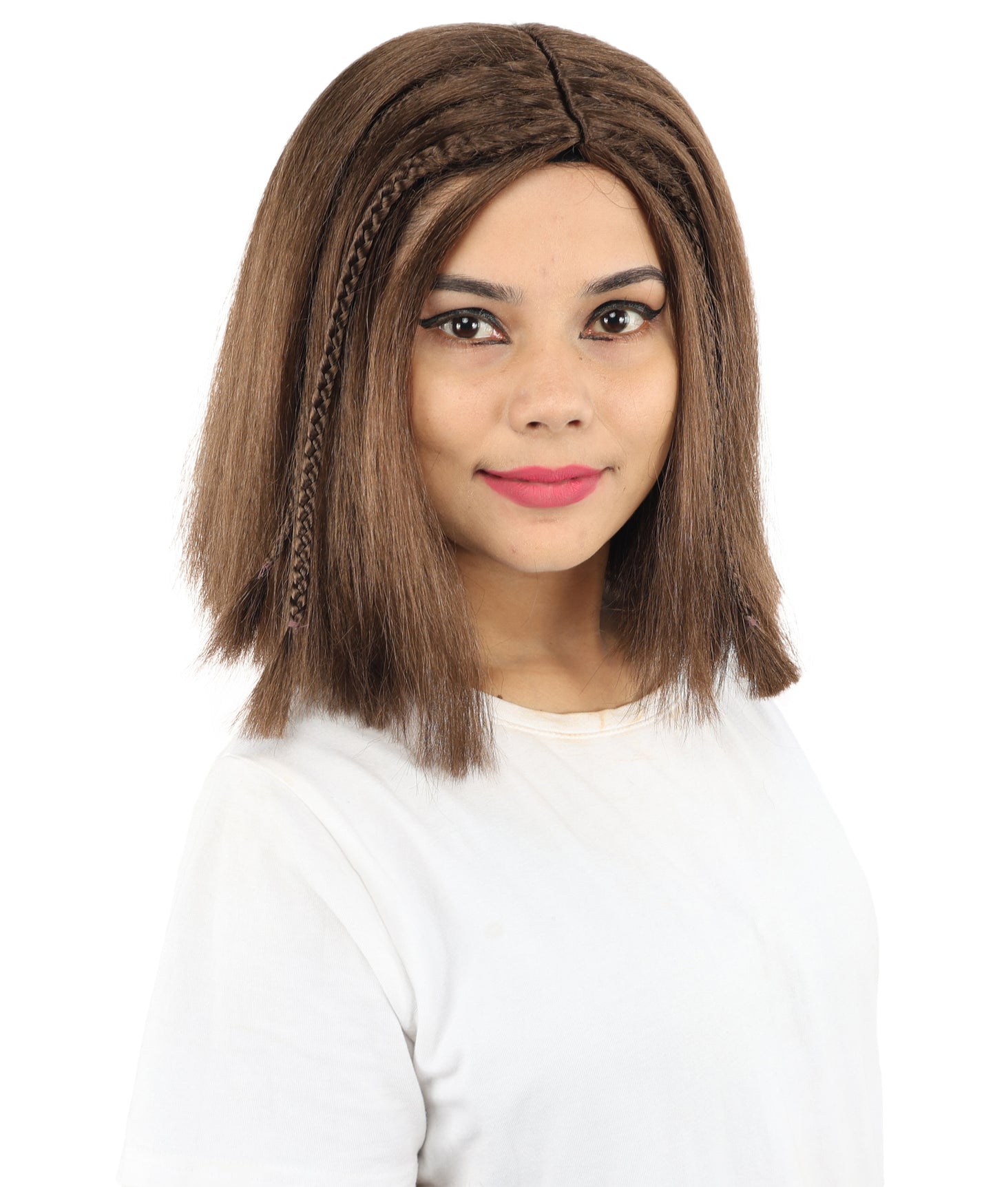 HPO Celebrity-Style 11 Inch Green Rooted Blonde Front Braided Straight Wig | Shoulder-Length Fun, Bold, and Stylish Hairpiece  | Ideal for Halloween, Cosplay, and Themed Parties