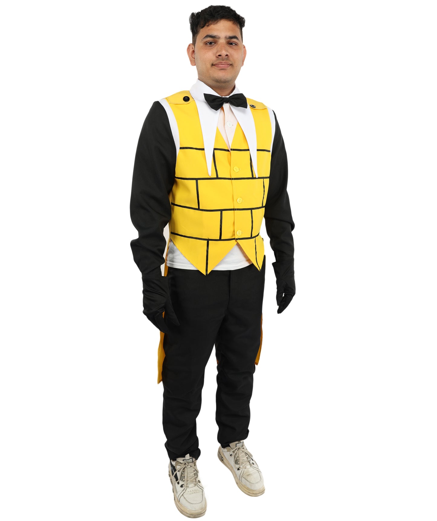 HPO Men's Yellow Black White Brick Demon Costume | Tailcoat Suit with Eye Symbol on Back and Bow Tie | Ideal for Halloween, Theater, Drag, and Mystery Events