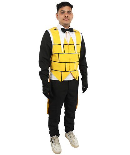 HPO Men's Yellow Black White Brick Demon Costume | Tailcoat Suit with Eye Symbol on Back and Bow Tie | Ideal for Halloween, Theater, Drag, and Mystery Events
