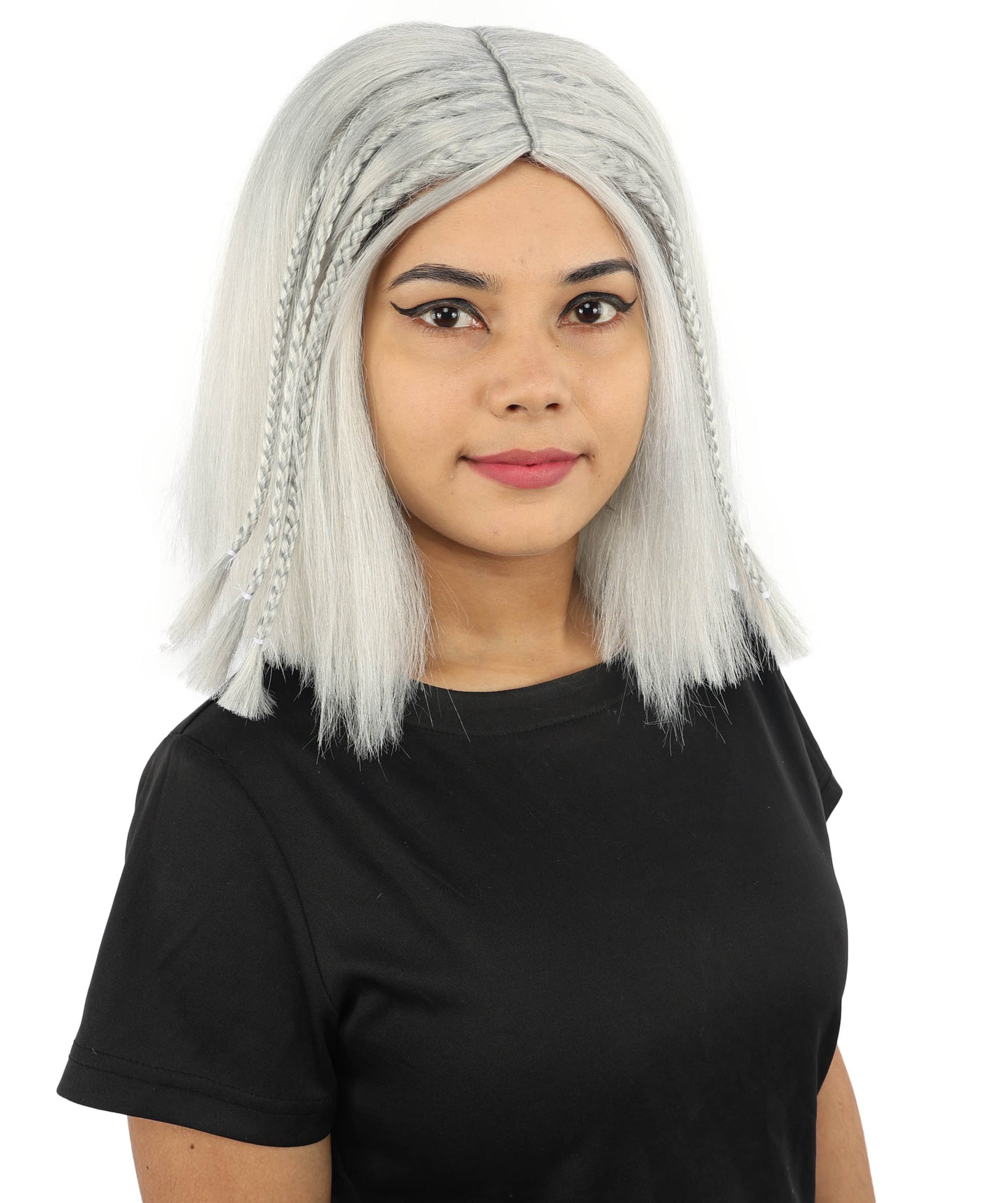 HPO Celebrity-Style 11 Inch Green Rooted Blonde Front Braided Straight Wig | Shoulder-Length Fun, Bold, and Stylish Hairpiece  | Ideal for Halloween, Cosplay, and Themed Parties