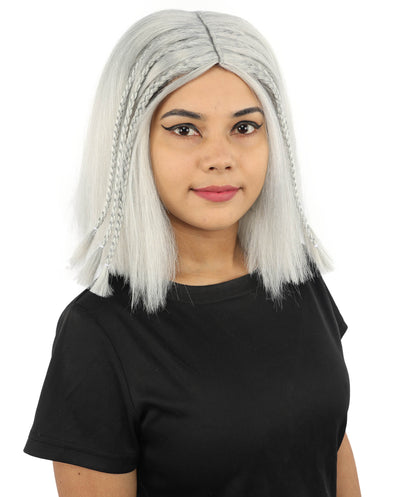 HPO Celebrity-Style 11 Inch Green Rooted Blonde Front Braided Straight Wig | Shoulder-Length Fun, Bold, and Stylish Hairpiece  | Ideal for Halloween, Cosplay, and Themed Parties