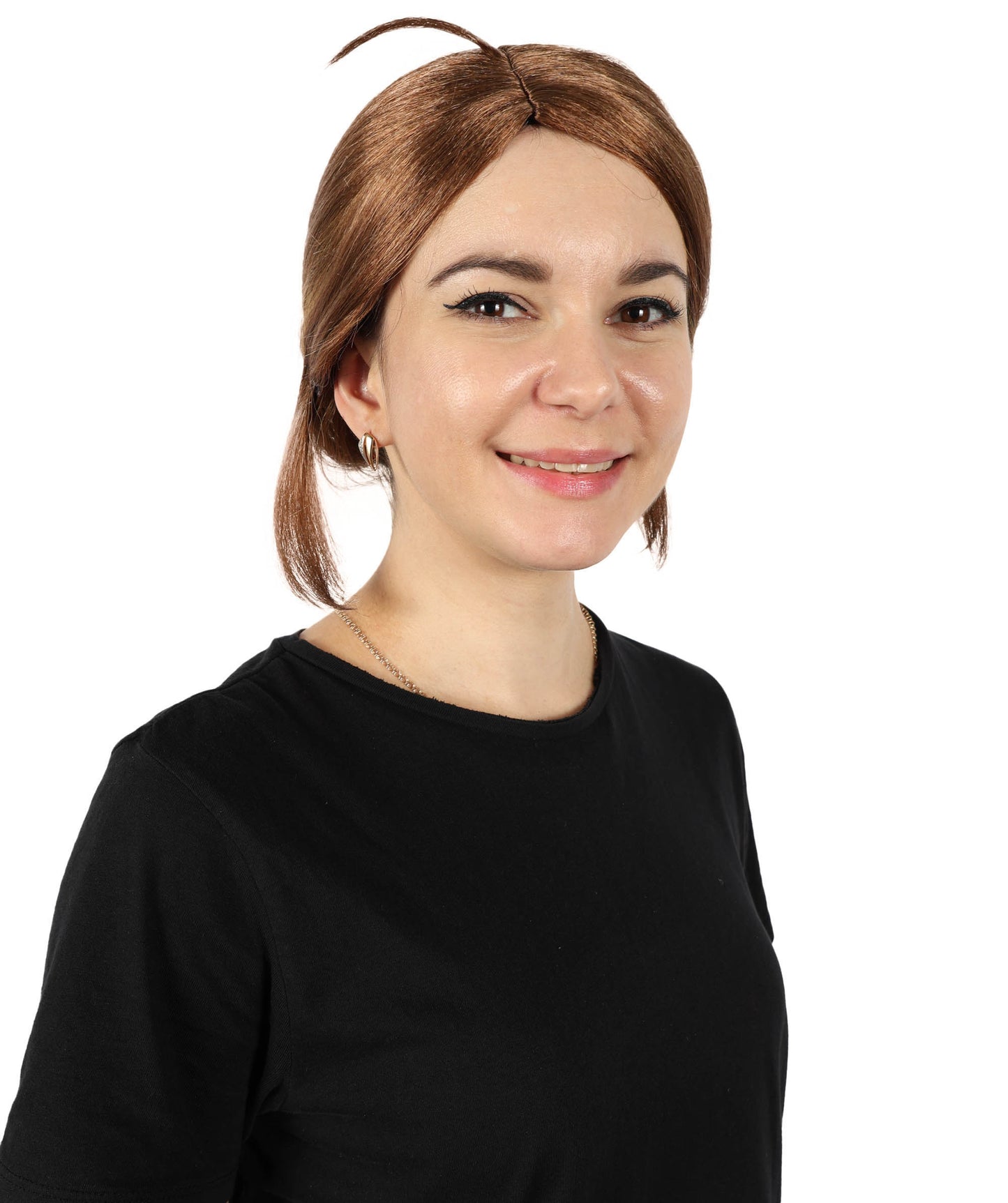 HPO Women’s Gaming Character Brown Low Bun Wig with Side Part | Synthetic Hairpiece | Ideal for Cosplay, Halloween, and Themed Events