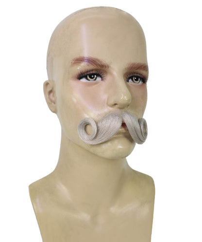 Men’s Grey Theatrical Curled Handlebar Mustache | Cosplay Facial Hair | Perfect for Halloween