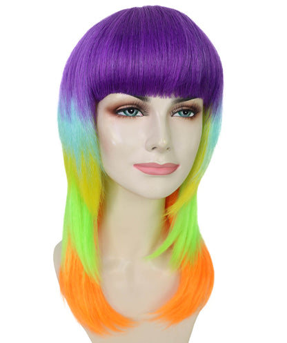 HPO Adult Women’s Vibrant Rainbow Prism Wig | Long Layered Multi-Colored Hair | Ideal for Halloween | Breathable Capless Cap