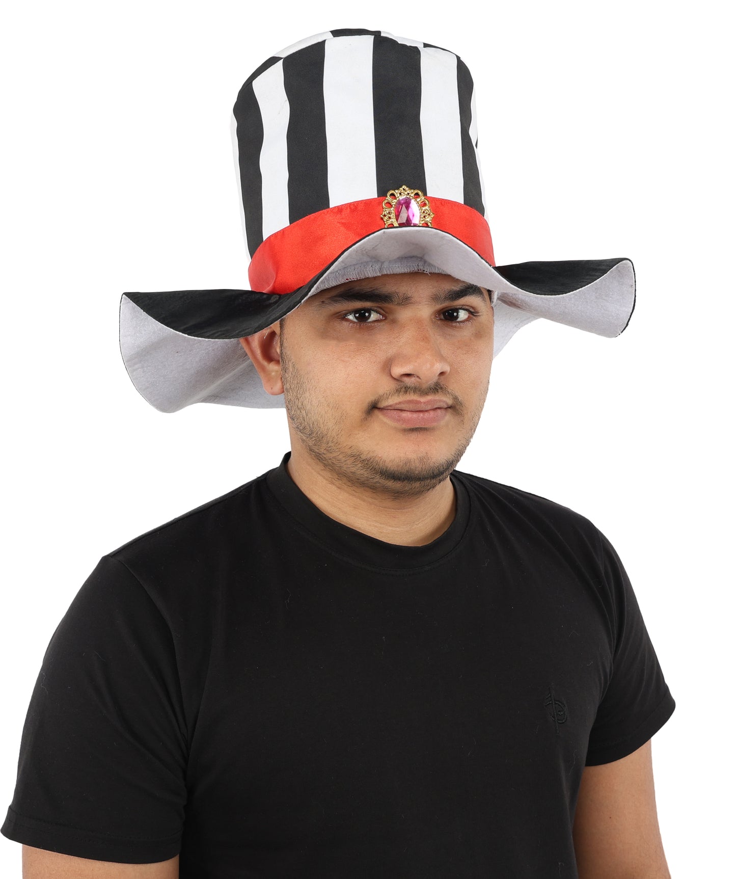 HPO Men's Striped Circus Mini Hat | Black and White Pattern with Red Ribbon and Gothic Cameo | Ideal for Halloween, Theater, Drag, and Carnival Performance Events