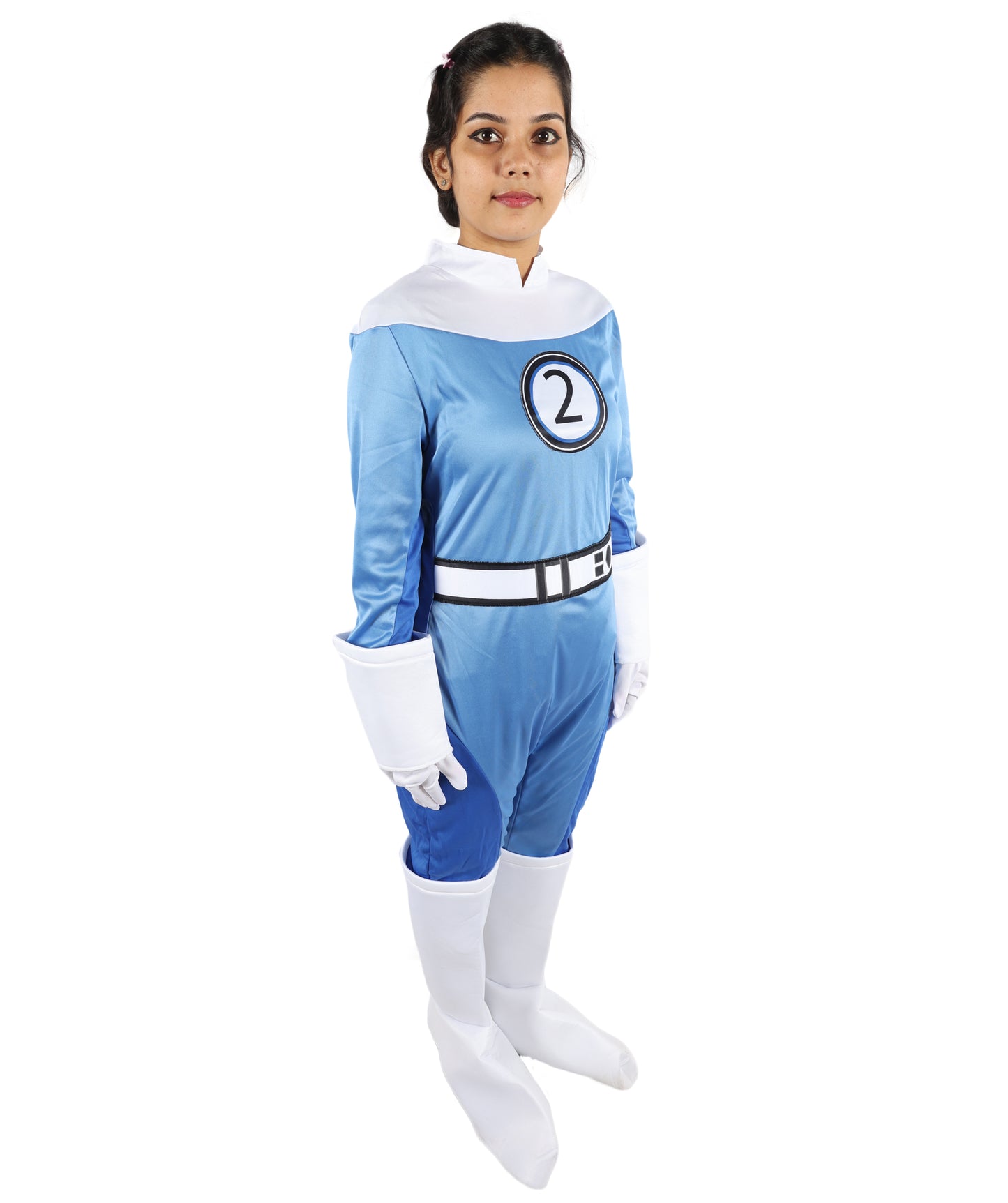 HPO Women’s Ultimate Sci-Fi Costume | 3-in-1 Jersey Dress with Hand Gloves | Blue & White Cosplay Outfit
