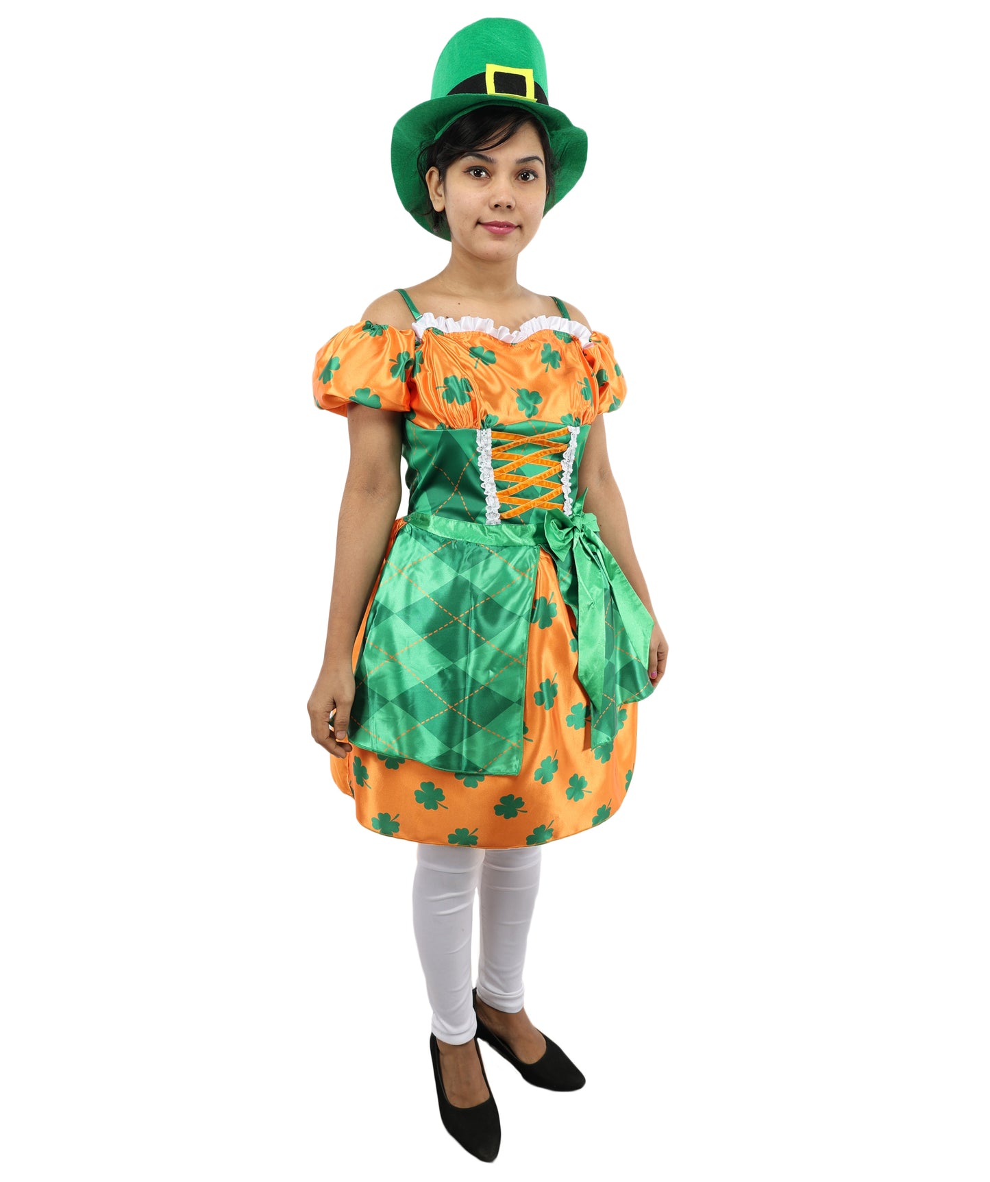 HPO Women Orange & Green Party Dress Costume with Hat | Colorful Event Outfit with Ruffle Skirt | Designed for Cosplay & Parties