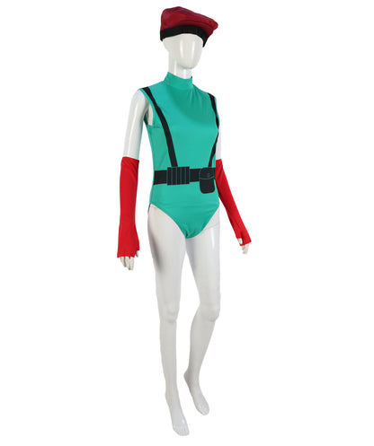 HPO Warrior Green & Red Bodysuit Costume with Helmet & Hand Gloves | Heroine Outfit with Arm Accessories | Designed for Halloween & Party