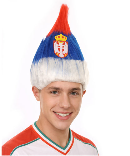 Serbia Flag Sport Troll Wig | Red Blue White Halloween Wigs | Premium Breathable Capless Cap