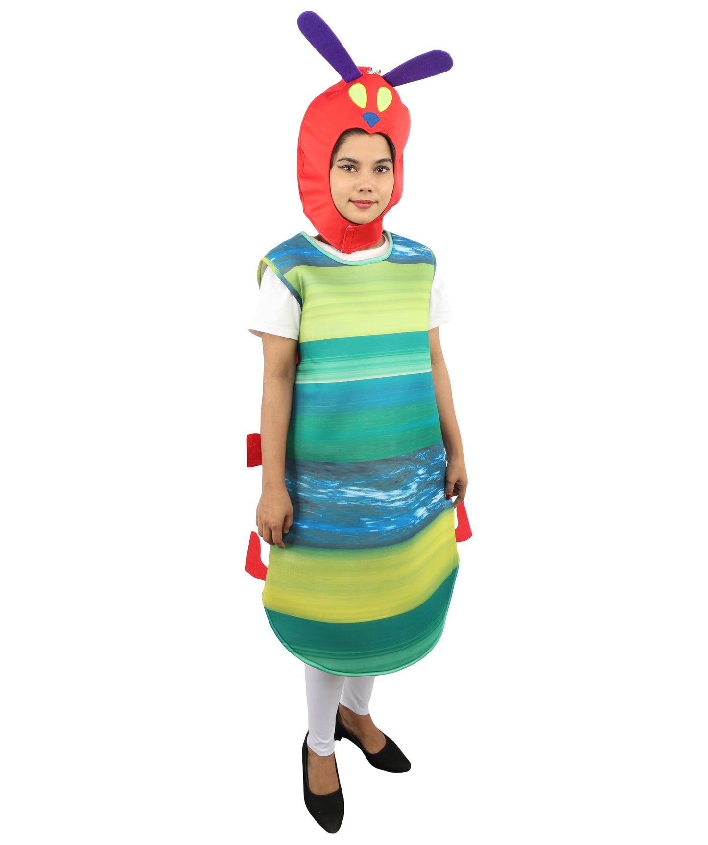 Colorful Caterpillar Costume | Adult Multicolor Striped Bodysuit with Antenna Hood | Playful Insect Outfit for Halloween, Cosplay & Parties