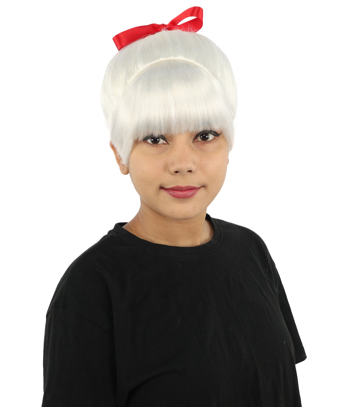 HPO Women's Spiral Ponytail Wig | Multicolor Options | High Updo with Red Ribbon Bow & Bangs, Heat Friendly Synthetic Fiber & Breathable Cap | Halloween, Christmas Event, Themed Party, Theater & Roleplay