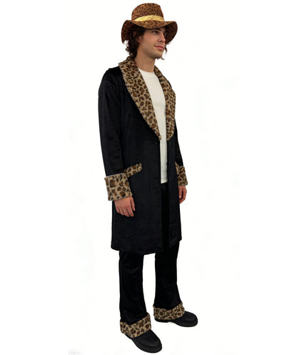 HPO Men's Fur Trim Costume Set | Sleek black construction featuring a long coat and pants with leopard fur trim and matching hat | Ideal for party, Halloween, cosplay, theater, drag, performance, costume events
