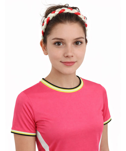 HPO Women's International Braided Headband | Textured red and white synthetic fibers woven into a twisted headband with an elastic back | Ideal for party, Halloween, cosplay, theater, drag, performance, costume events