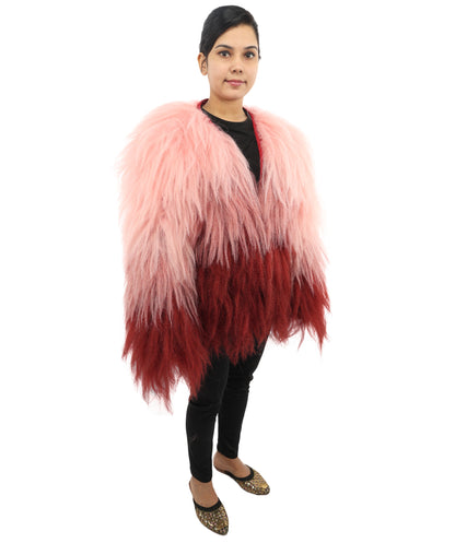 HPO Women's Pink & Merun Ombre Shaggy Costume Coat | 30 Inch Long Synthetic Hair Kpop Idol Jacket | Party Halloween Cosplay Music Video Performance Events