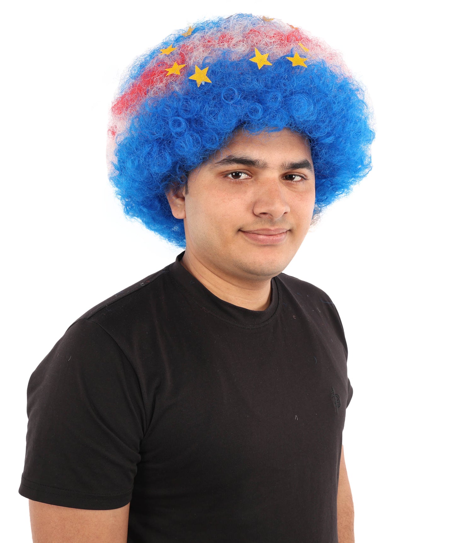 HPO Unisex Cabo Verde Sports Clown Wig – Curly Flag-Themed Wig for Football Fans & Parades  | Synthetic Fiber Headpiece with Standard Cap