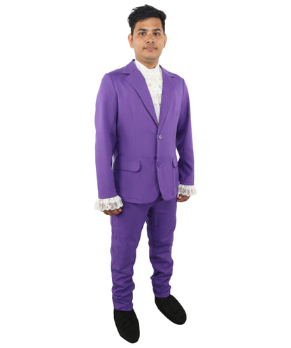 HPO Men’s Austin Powers Costume | Purple Jacket & Trousers with White Cravat | Cosplay, Halloween, Stage, Party & Roleplay Outfit