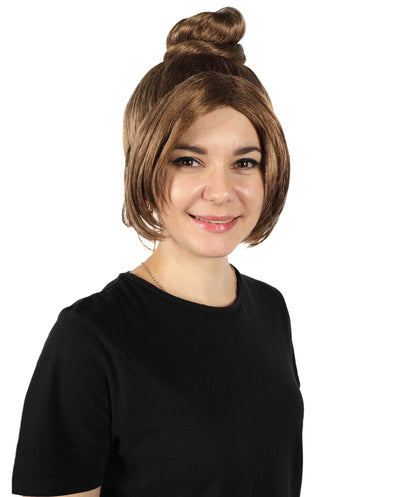 HPO Women’s Gothic Victorian-Style Brown Wig with Messy Bun and Curtain Bangs | Vintage-Inspired Character Wig | Suitable for Cosplay, Halloween, Theater & Costume Events