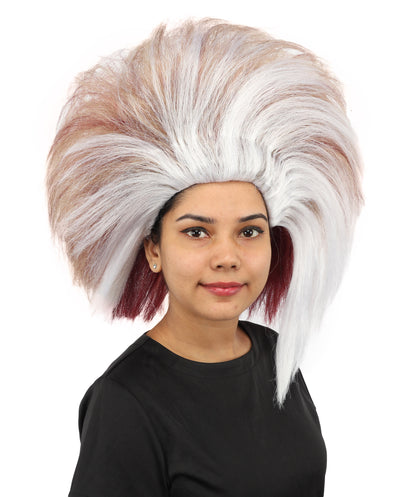 HPO Women's Swept Crest Theatrical Wig | Multi-tonal red and white hues, create of synthetic fiber, massive swept fan volume, breathable base | Party, Halloween, theater, drag, performance, costume events