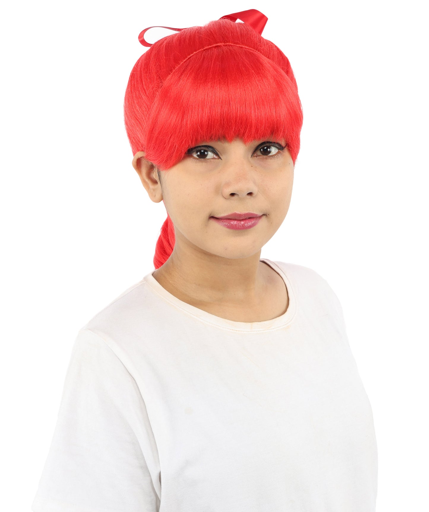 HPO Women's Spiral Ponytail Wig | Multicolor Options | High Updo with Red Ribbon Bow & Bangs, Heat Friendly Synthetic Fiber & Breathable Cap | Halloween, Christmas Event, Themed Party, Theater & Roleplay