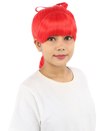 HPO Women's Spiral Ponytail Wig | Multicolor Options | High Updo with Red Ribbon Bow & Bangs, Heat Friendly Synthetic Fiber & Breathable Cap | Halloween, Christmas Event, Themed Party, Theater & Roleplay